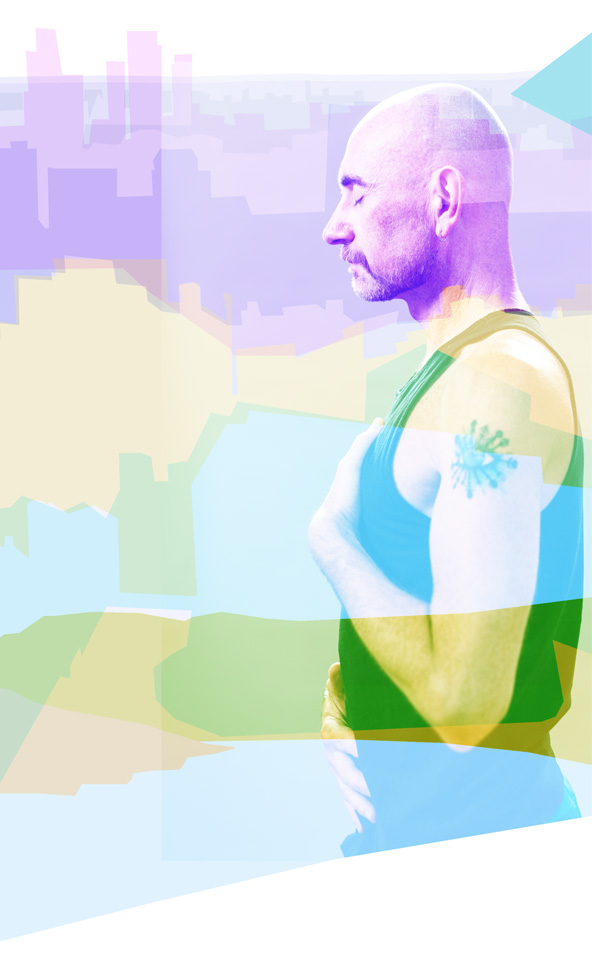 Jamie seated peacefully against a cityscape background