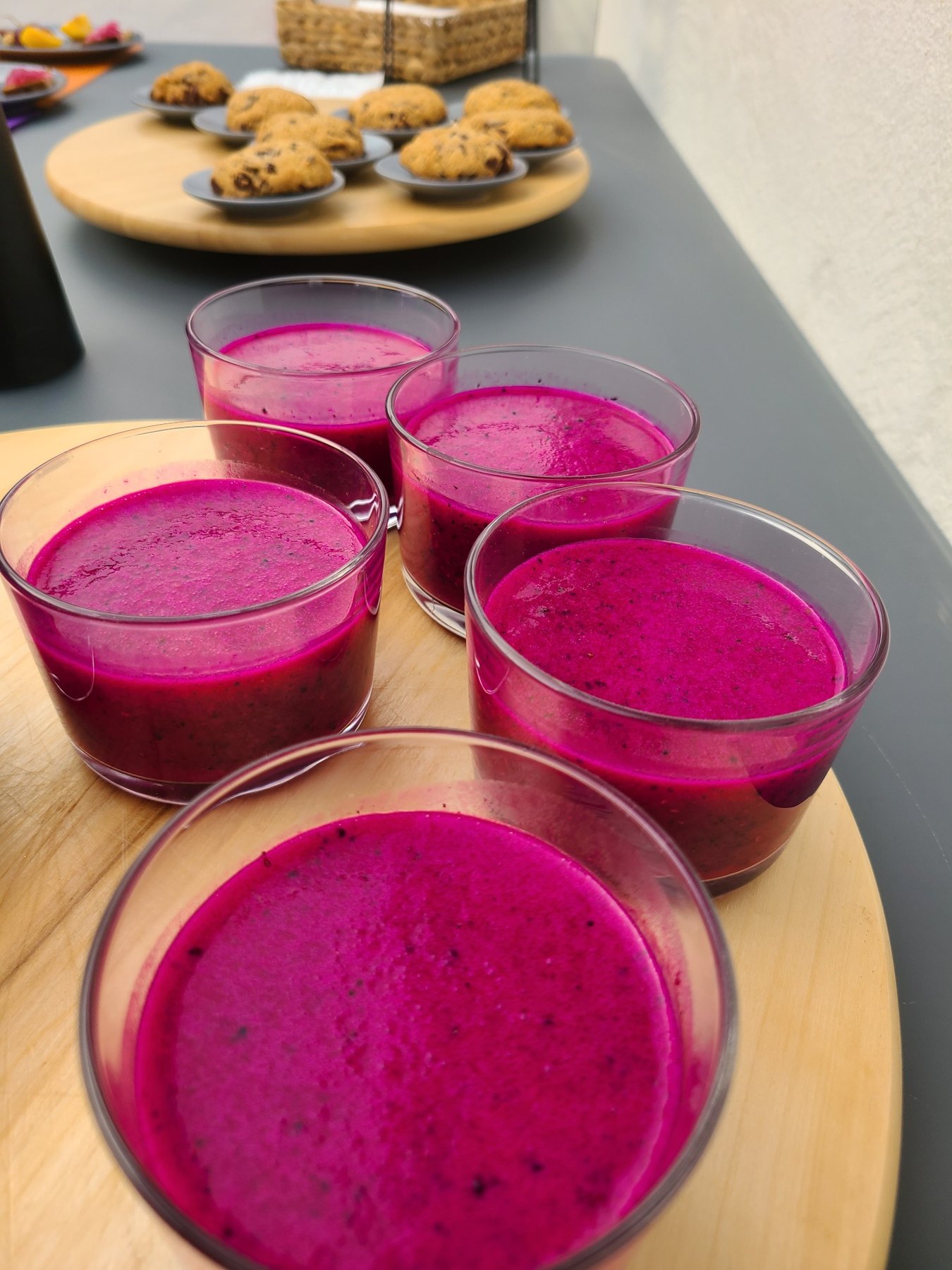 Bright pink chilled soup served in glasses